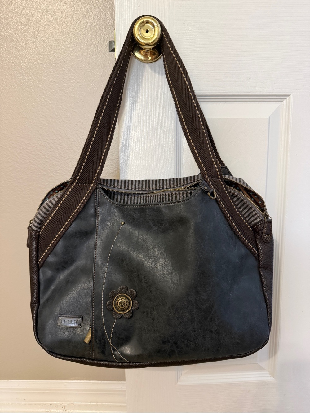 Chala Black Faux Leather Floral Accent Tote